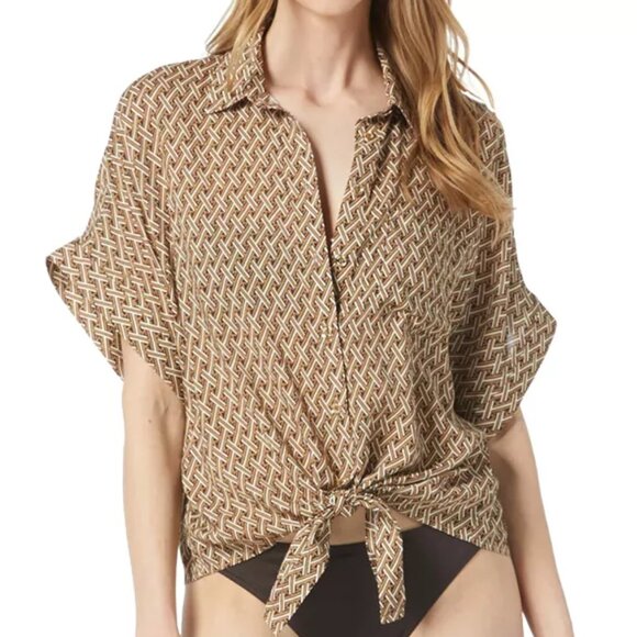 MICHAEL Michael Kors Women's Camp Shirt Swim Cover-Up NWT Sz L - Picture 1 of 12